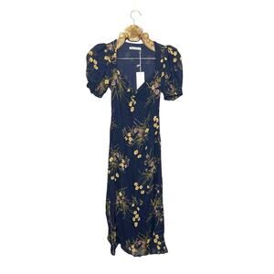 Reformation Luciana Dress Navy Floral Midi Puff Sleeve Corset Lace Up Back 0 NEW